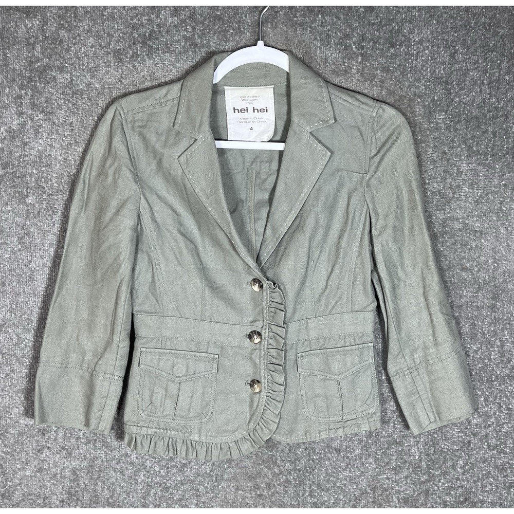 Anthropologie Hei Hei Linen Cotton Blend Jacket Blazer Womens Sz 4 Green Pockets